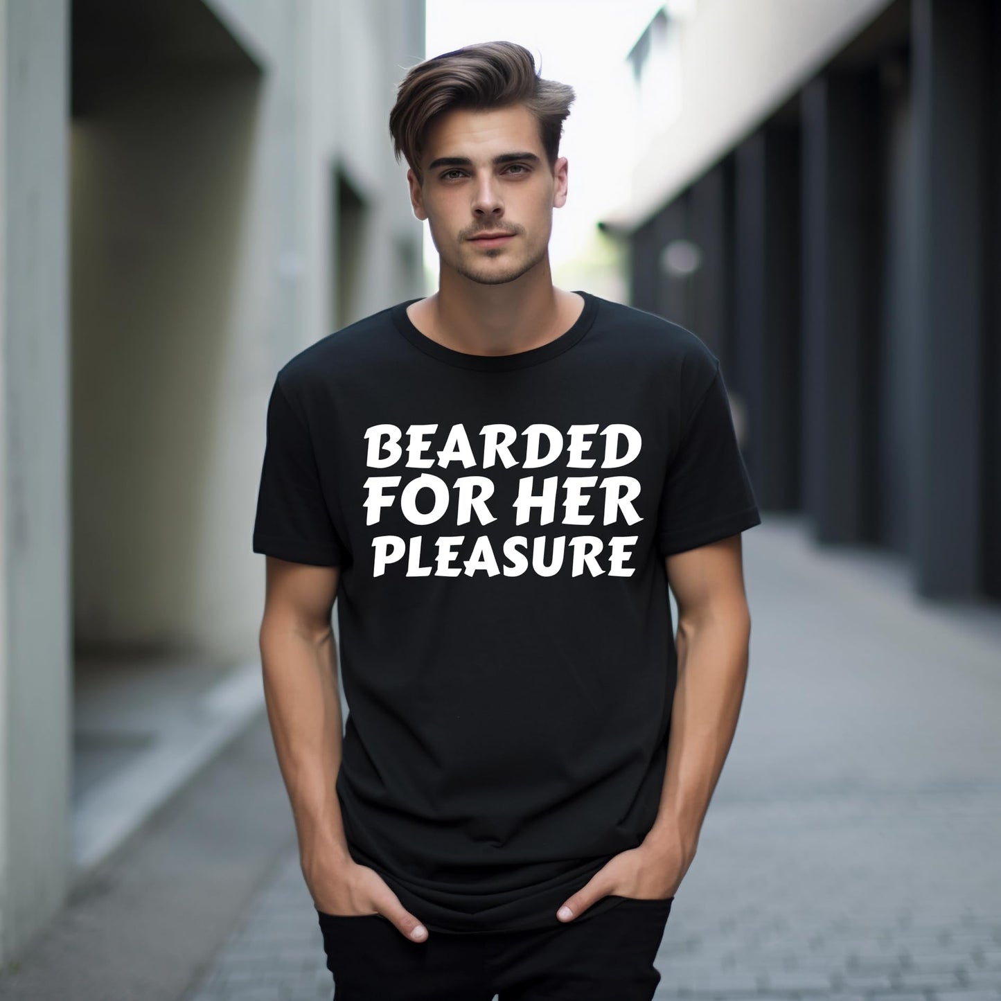 Bearded for her Pleasure Funny Printed Black Adults Unisex Men Women Summer Winter Cotton Crew Neck Casual T-Shirt - Top Tee