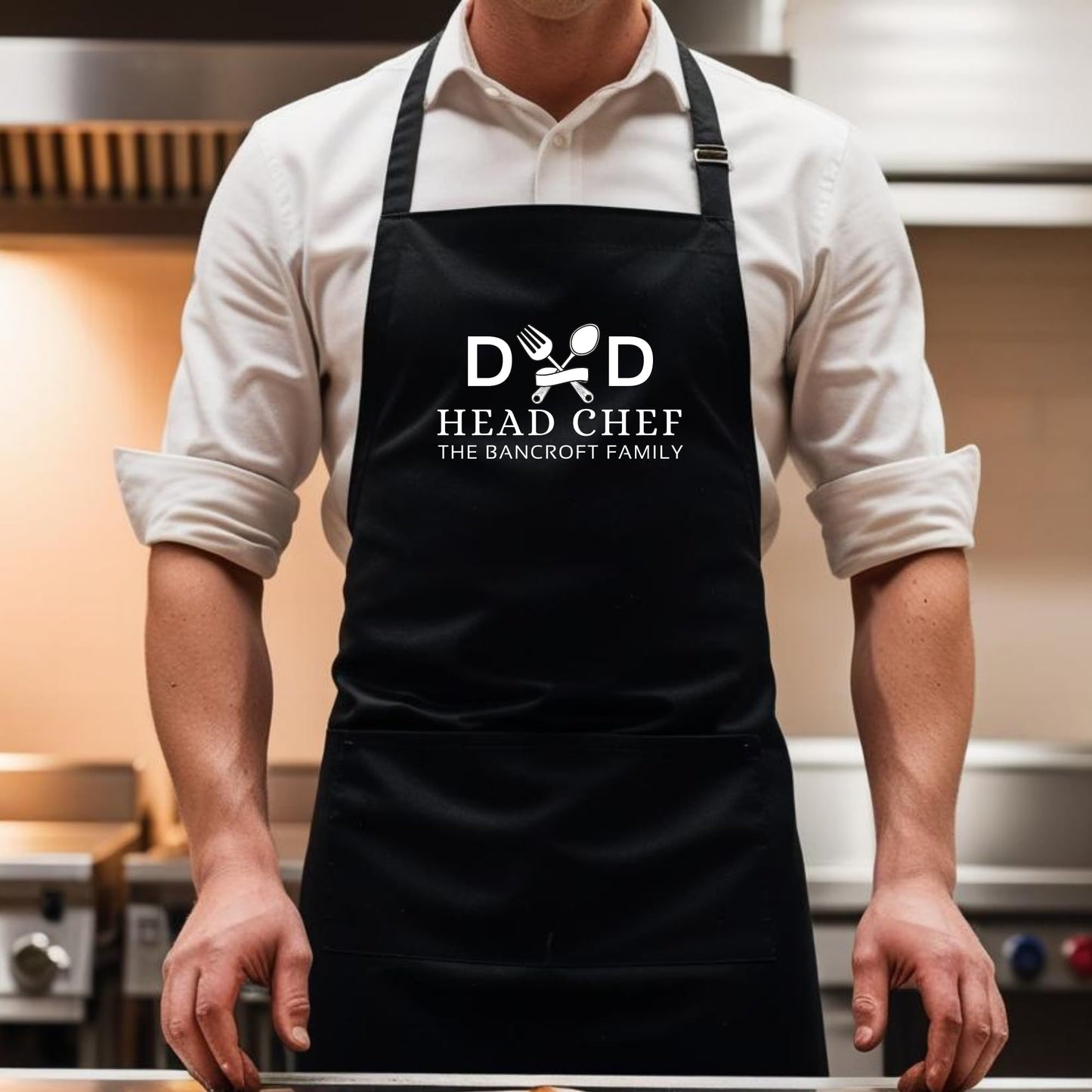 Dad Head Chef Apron Personalised Dad Apron with Family Name Gift for Him Aprons for Mens Dad Apron Chef Kitchen Apron BBQ Grill Cooking Apron Father Day Gift Black Apron with two pockets