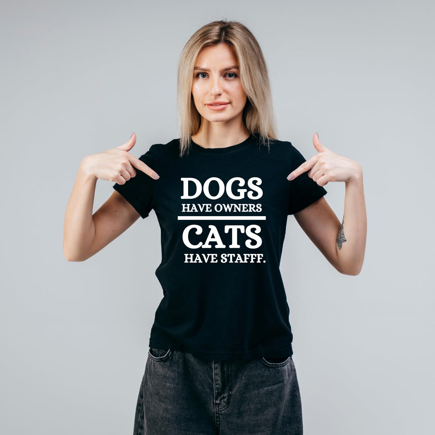 Dogs Have Owner Cats Have Staff Funny Printed Black Adults Unisex Men Women Summer Winter Cotton Crew Neck Casual T-Shirt - Top Tee