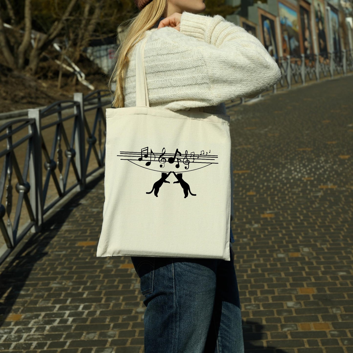 Be Buz Cat Hanged with Music Wave Tote Bag Bag for Cat Lovers and Music Enthusiasts Trendy Music Wave Design Reusable Casual Cotton Bag for Work Shopping Travel