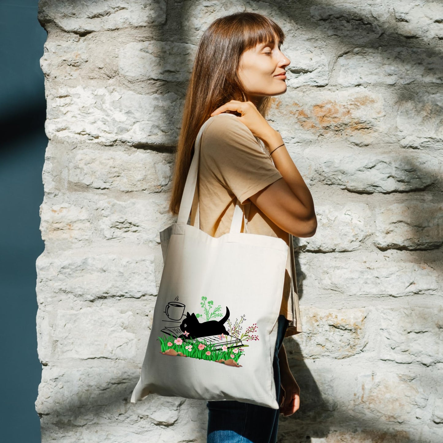 Be Buz Black Cat Tote Bag for Women Cat Reading Floral Book Design Cat Tote Bags Reusable Casual Bag for Work Shopping Travel