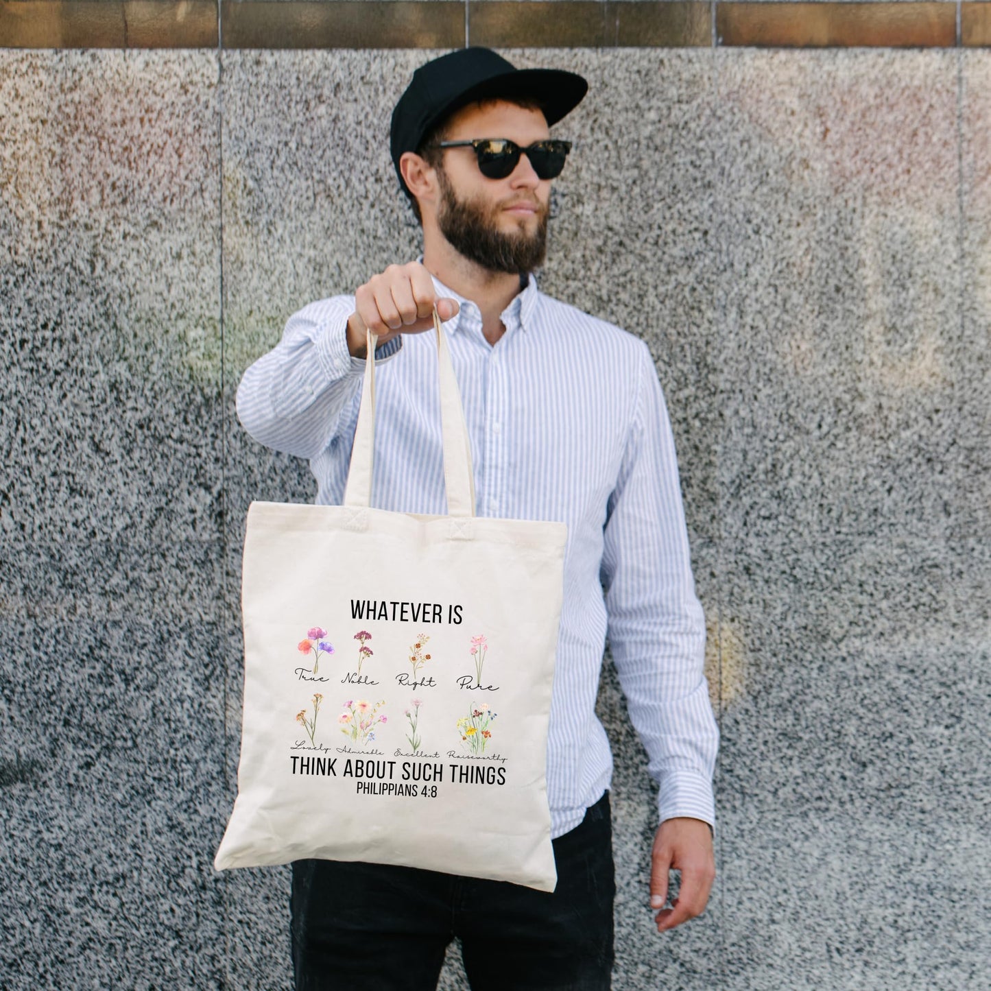 Be Buz Whatever Is True Tote Bag Philippians 4:8 Bible Verse Floral Design Religious Gift for Women Reusable Handbag for Church Shopping and Everyday Use