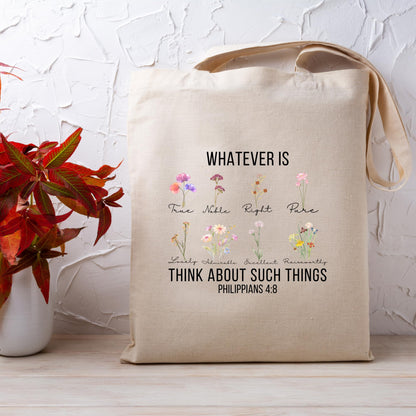 Be Buz Whatever Is True Tote Bag Philippians 4:8 Bible Verse Floral Design Religious Gift for Women Reusable Handbag for Church Shopping and Everyday Use