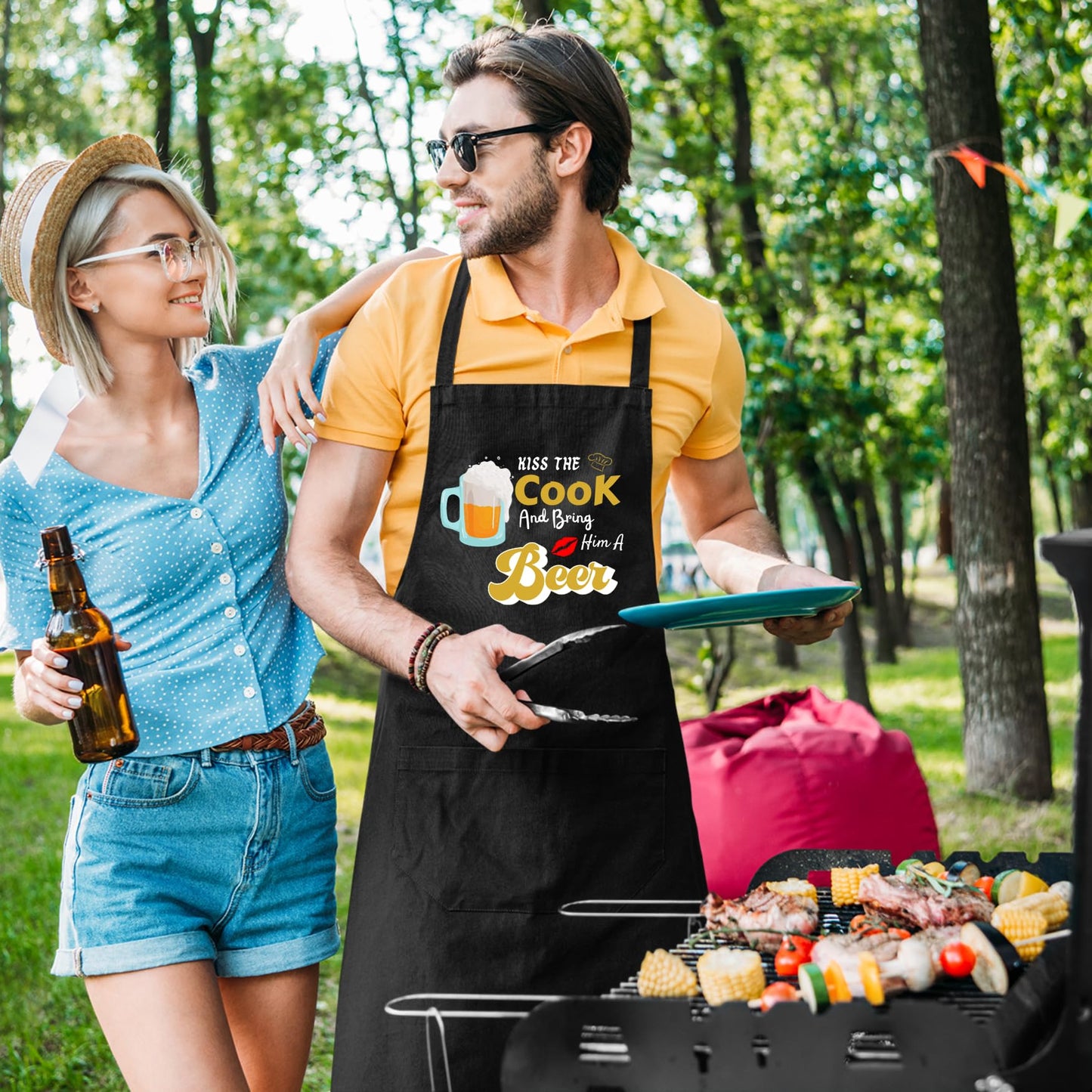 Kiss the Cook And Bring Him A Beer Funny Aprons for men Printed Apron Gift for Her Chef Apron Kitchen Apron BBQ Apron Gift Baking Apron Father Day Gift