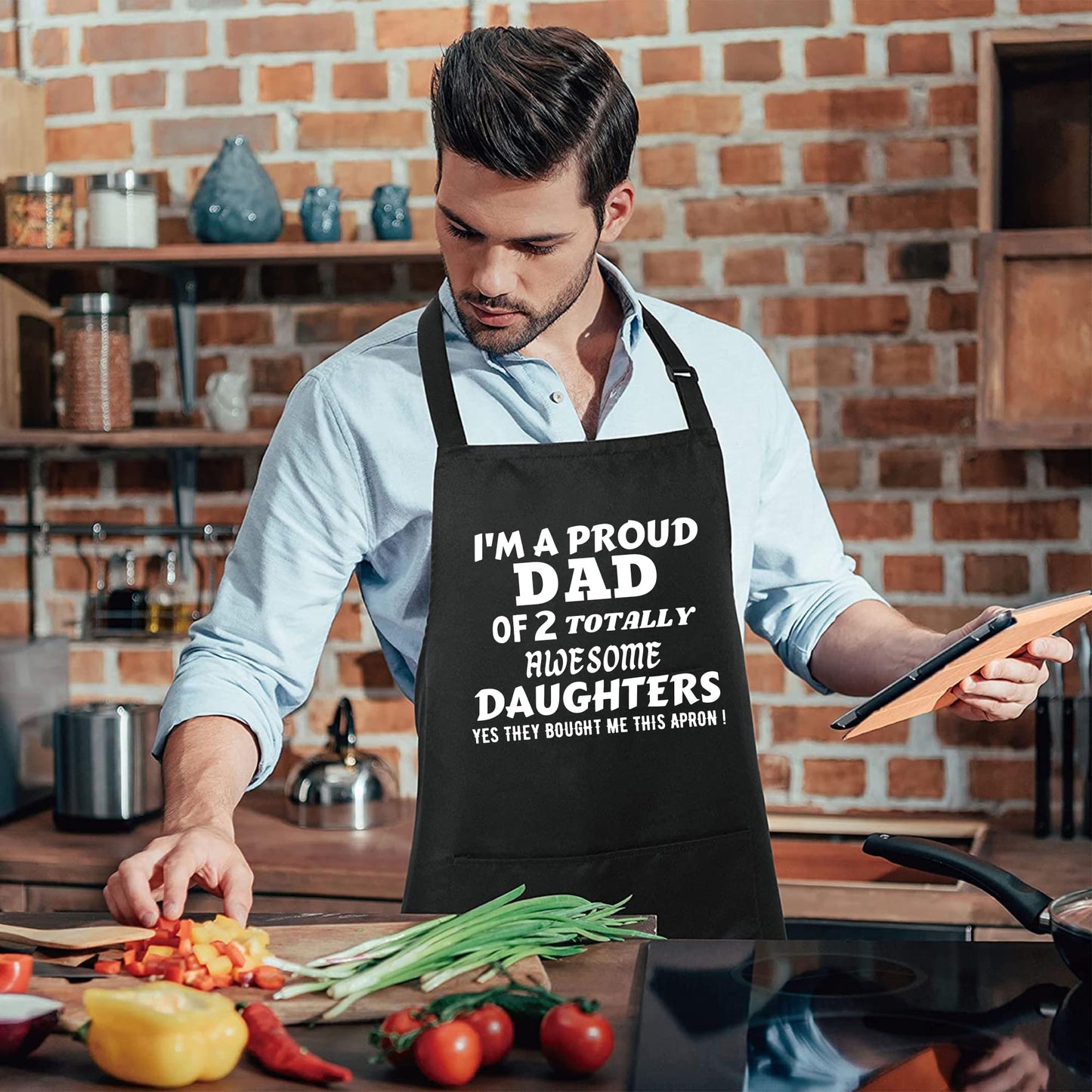 Proud Dad Of Two Totally Awesome Daughters BBQ Cooking Funny Novelty Apron Birthday Father’s Day Christmas Valentine’s Day Gifts for Dad, Husband