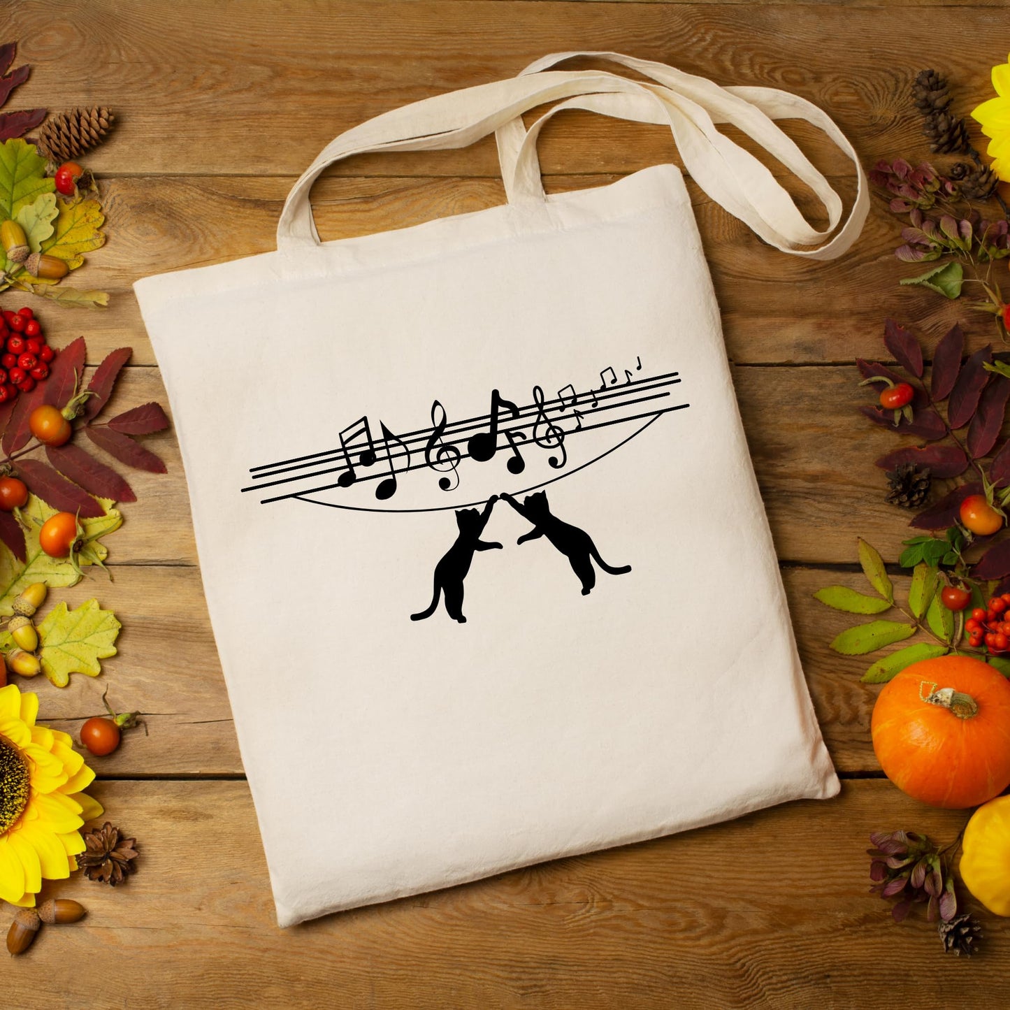 Be Buz Cat Hanged with Music Wave Tote Bag Bag for Cat Lovers and Music Enthusiasts Trendy Music Wave Design Reusable Casual Cotton Bag for Work Shopping Travel