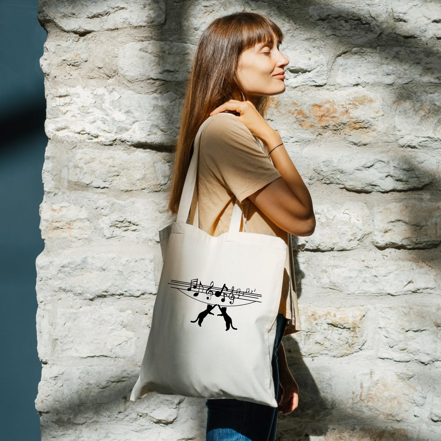 Be Buz Cat Hanged with Music Wave Tote Bag Bag for Cat Lovers and Music Enthusiasts Trendy Music Wave Design Reusable Casual Cotton Bag for Work Shopping Travel
