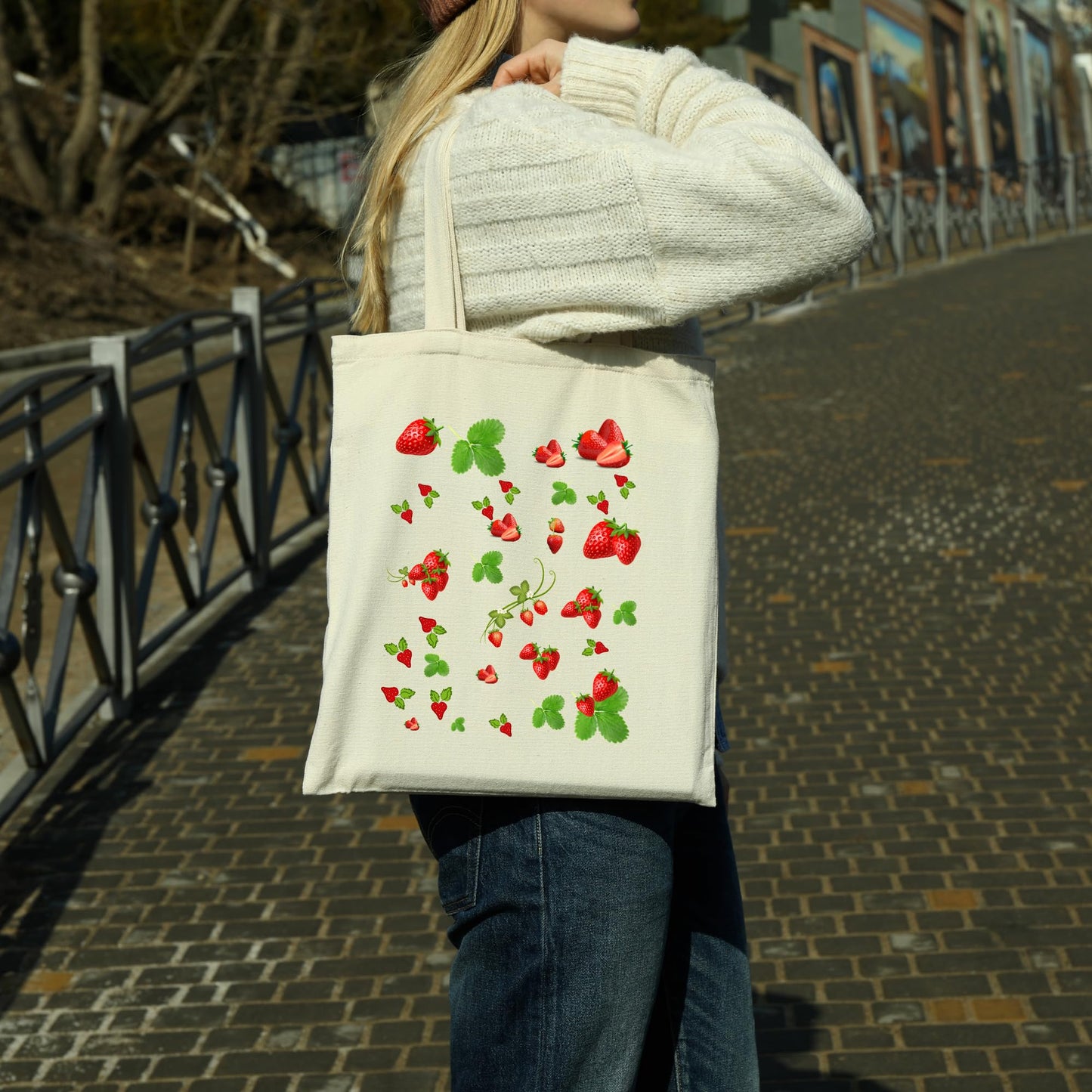 Be Buz Strawberry Tote Bag for Women Stylish, Spacious, and Eco Friendly Cotton Shopping Bag Reusable Casual Bag for Work Shopping Travel