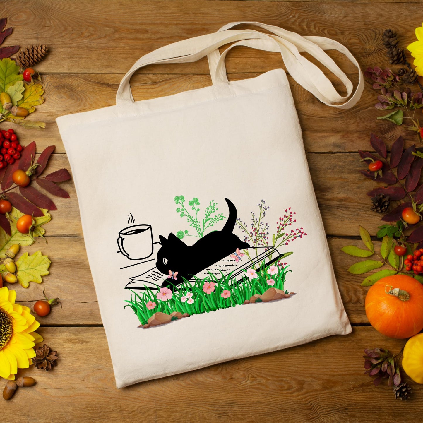 Be Buz Black Cat Tote Bag for Women Cat Reading Floral Book Design Cat Tote Bags Reusable Casual Bag for Work Shopping Travel