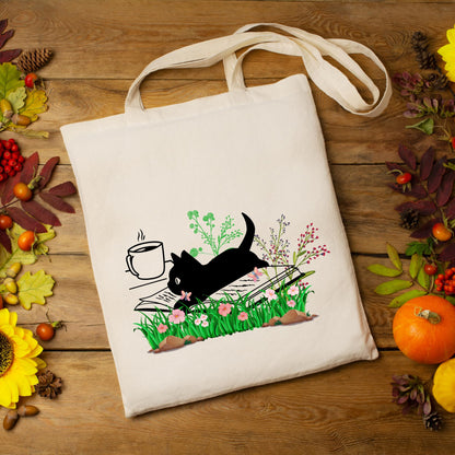 Be Buz Black Cat Tote Bag for Women Cat Reading Floral Book Design Cat Tote Bags Reusable Casual Bag for Work Shopping Travel