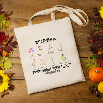 Be Buz Whatever Is True Tote Bag Philippians 4:8 Bible Verse Floral Design Religious Gift for Women Reusable Handbag for Church Shopping and Everyday Use