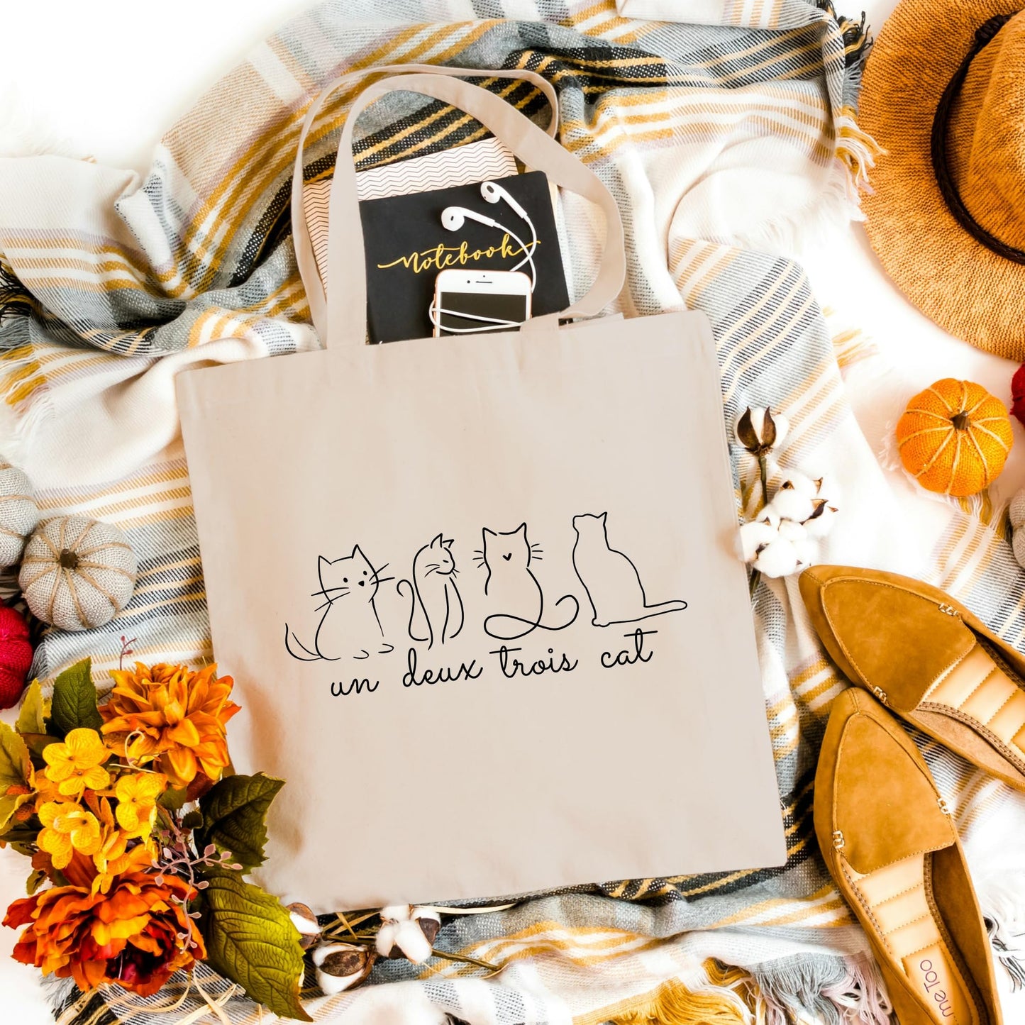 Be Buz Un Deux Trois Cat Natural Tote Bag – Eco-friendly Cotton Bag for Shopping Travel and Daily Use Gift for Cat Lovers Shopping Reusable Bag