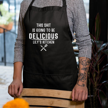BeBuz This is Going to Be Delicious Custom Name Kitchen Apron - Adjustable Bib Apron with 2 Pockets for Men and Women BBQ Grilling Apron Gift for him Cooking, Kitchen, and Grilling Apron