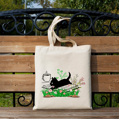 Be Buz Black Cat Tote Bag for Women Cat Reading Floral Book Design Cat Tote Bags Reusable Casual Bag for Work Shopping Travel