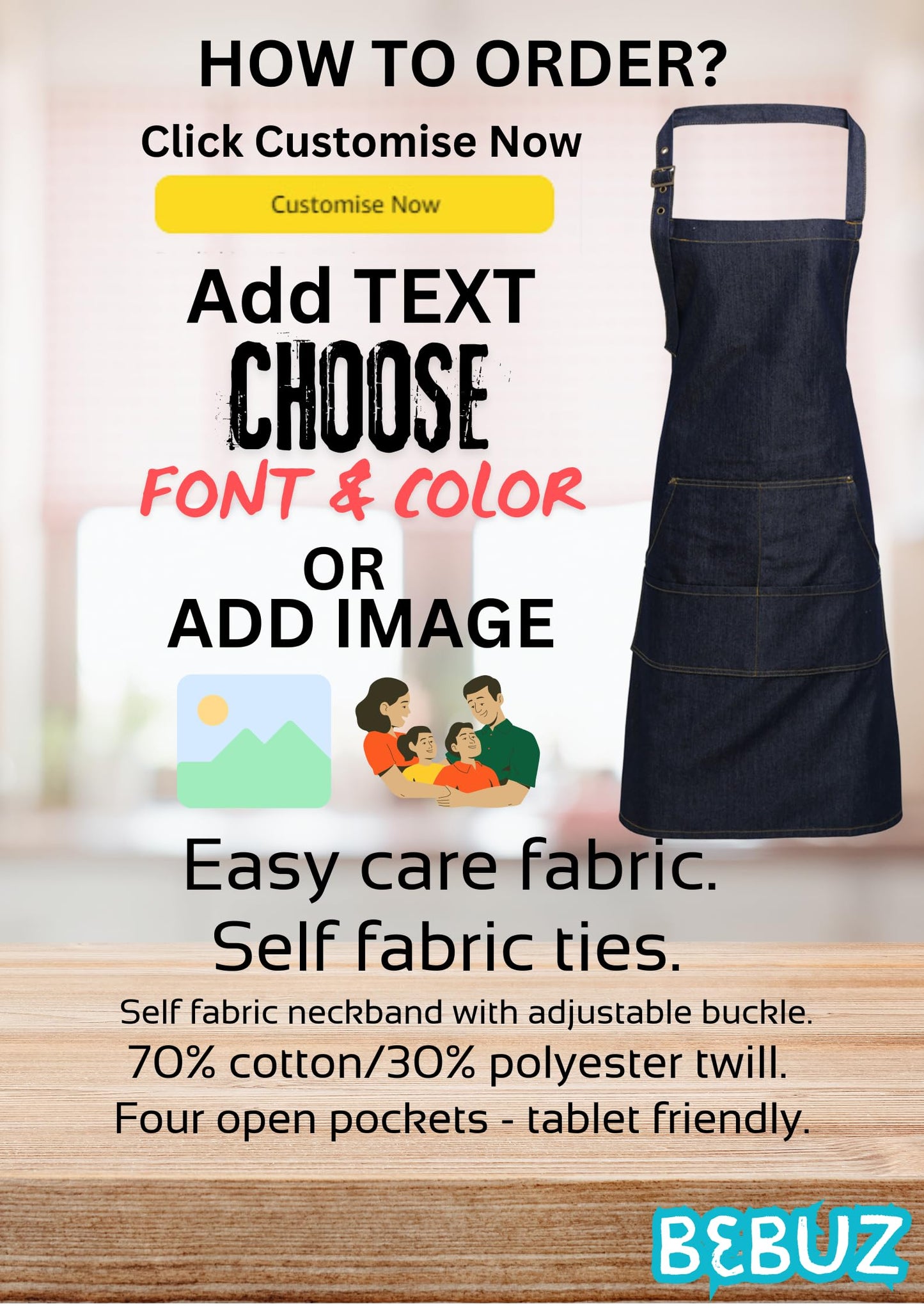 Personalized Denim Cooking Apron, Adjustable Neck Strap, 4 Pockets, add your photo or logo