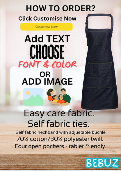 Personalized Denim Cooking Apron, Adjustable Neck Strap, 4 Pockets, add your photo or logo