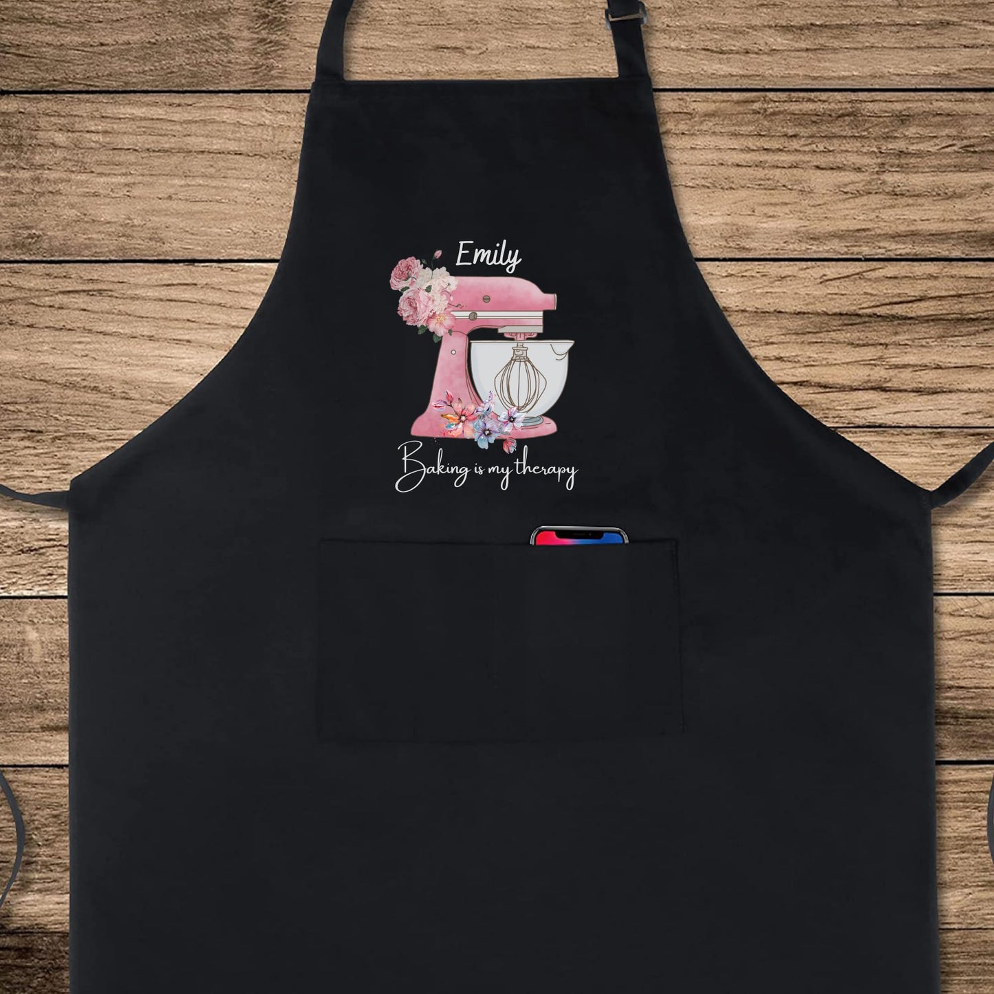 Baking Is My Therapy Personalised Baking Apron with Pink Watercolor Flowers Custom Baking Apron with Adjustable Straps and Two Pockets Gift for Him Her Aprons for Women Mother Day Gift
