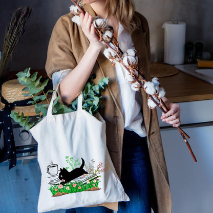 Be Buz Black Cat Tote Bag for Women Cat Reading Floral Book Design Cat Tote Bags Reusable Casual Bag for Work Shopping Travel