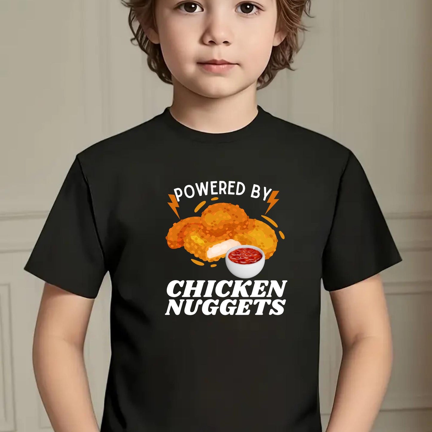 Powered by Chicken Nuggets T-Shirt – Funny Food Graphic Tee for Kids – Fast Food Lover Shirt – Snack Joke Toddler Tee