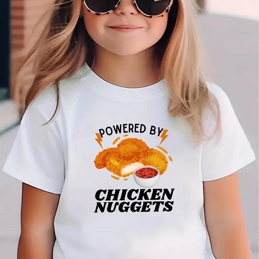 Powered by Chicken Nuggets T-Shirt – Funny Food Graphic Tee for Kids – Fast Food Lover Shirt – Snack Joke Toddler Tee