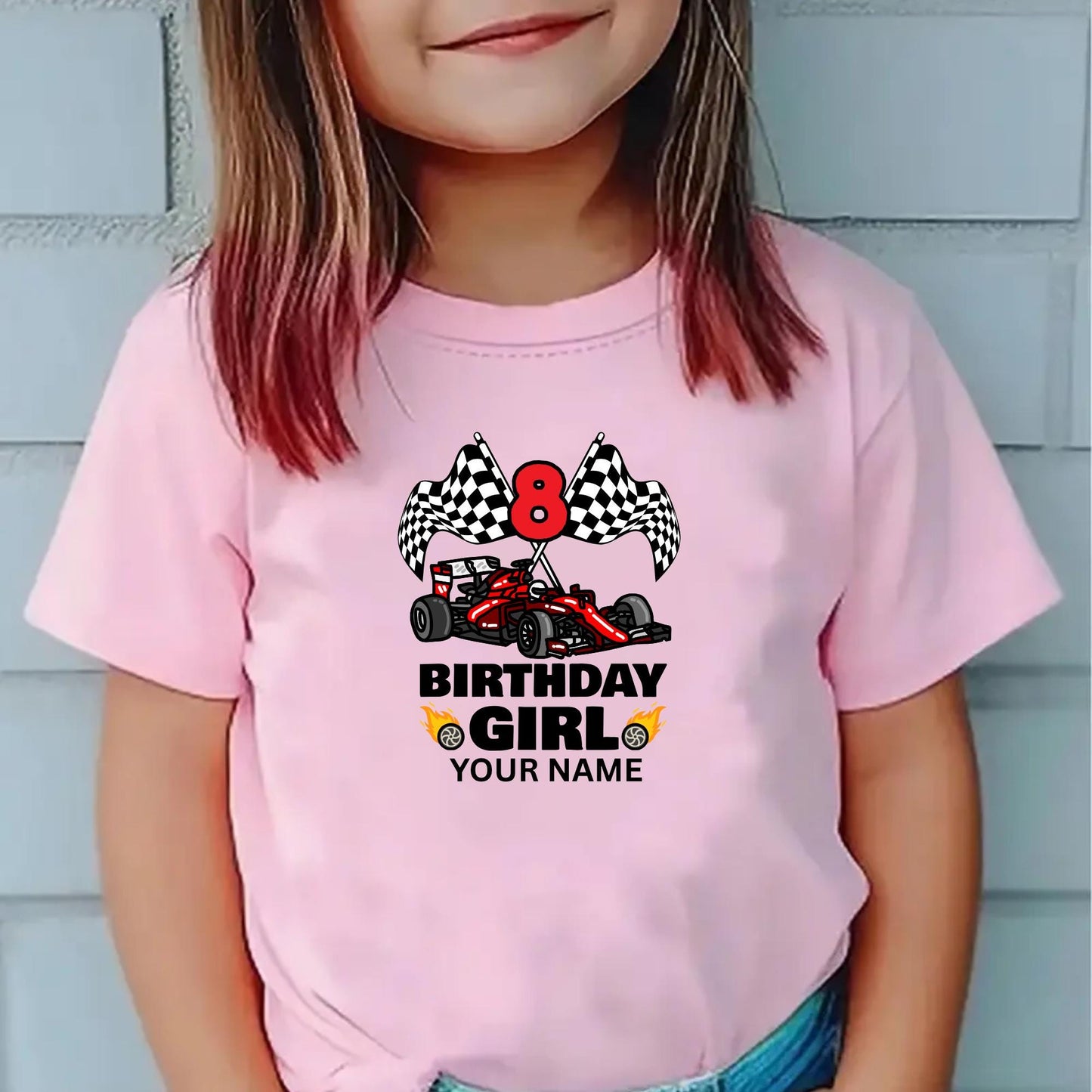 Custom Racing Car Birthday Boy or Girl T-Shirt – Personalized Name & Age Kids shirt  – Checkered Flag Race Theme Tee for Kids Ages 2–14