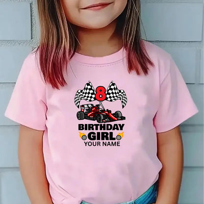 Custom Racing Car Birthday Boy or Girl T-Shirt – Personalized Name & Age Kids shirt  – Checkered Flag Race Theme Tee for Kids Ages 2–14