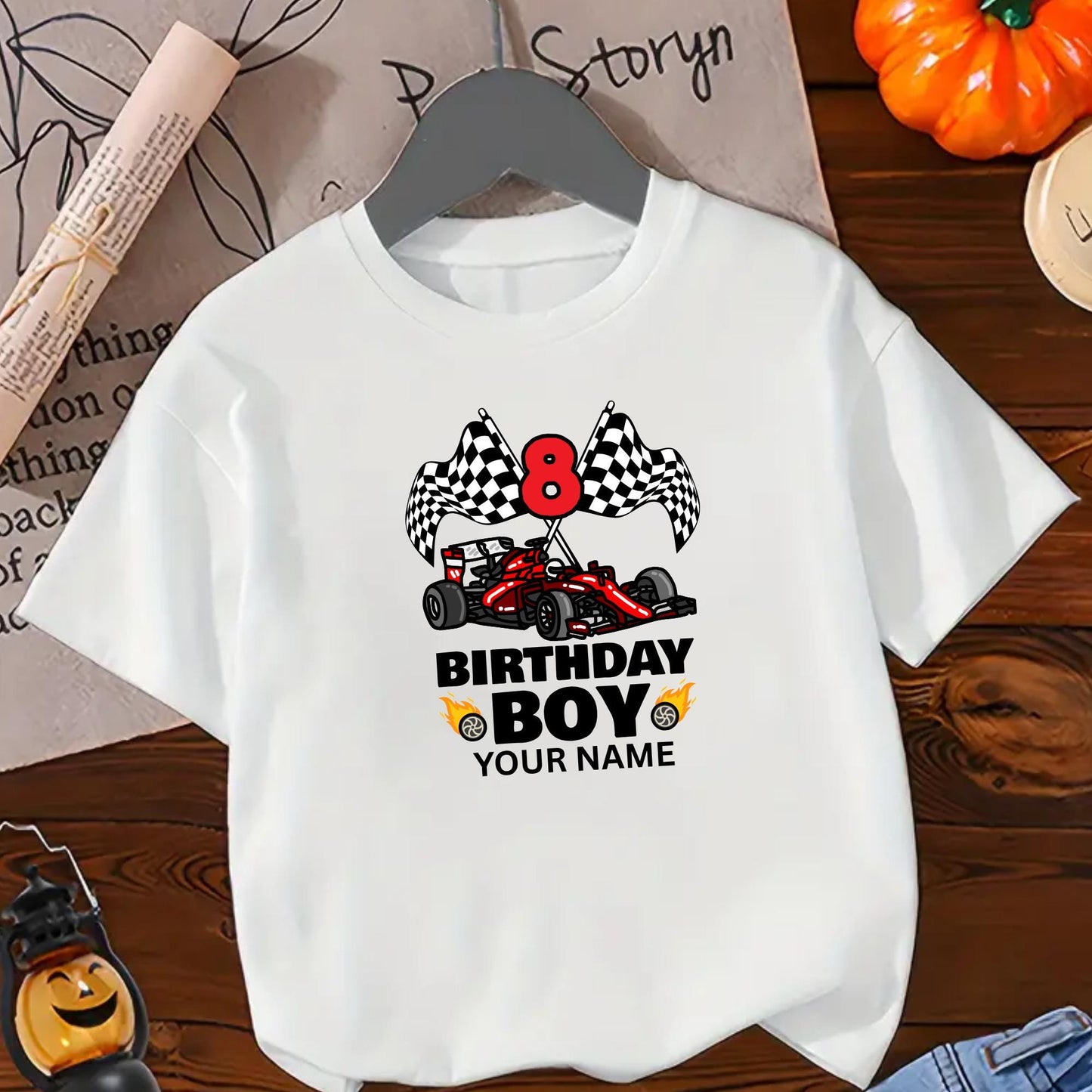 Custom Racing Car Birthday Boy or Girl T-Shirt – Personalized Name & Age Kids shirt  – Checkered Flag Race Theme Tee for Kids Ages 2–14
