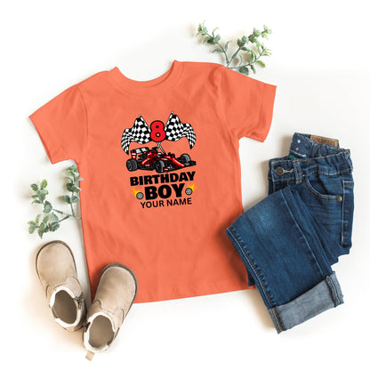 Custom Racing Car Birthday Boy or Girl T-Shirt – Personalized Name & Age Kids shirt  – Checkered Flag Race Theme Tee for Kids Ages 2–14