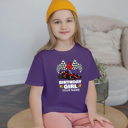 Custom Racing Car Birthday Boy or Girl T-Shirt – Personalized Name & Age Kids shirt  – Checkered Flag Race Theme Tee for Kids Ages 2–14