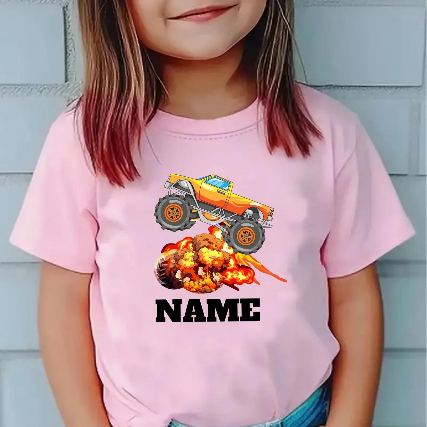 Custom Monster Truck Explosion T-Shirt for Kids – Personalized Name Tee with Fire & Blast Graphic – Cool Birthday Outfit for kids
