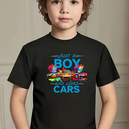 Just a Boy Who Loves Cars T-Shirt – Cool Car Graphic Tee for Kids – Racing Vehicle Shirt for Boys – Gift for Car Enthusiasts
