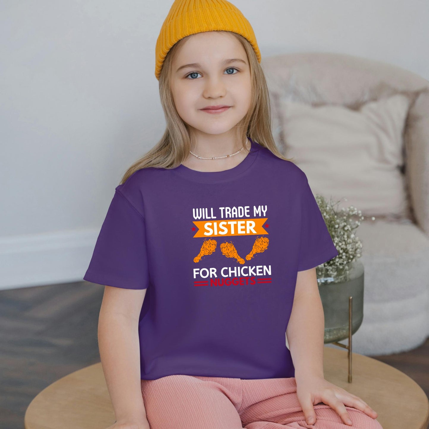 Will Trade My Sister for Chicken Nuggets Kids T-Shirt – Funny Sibling Joke Tee for Kids – Humorous Food Shirt – Sarcastic Graphic Tee