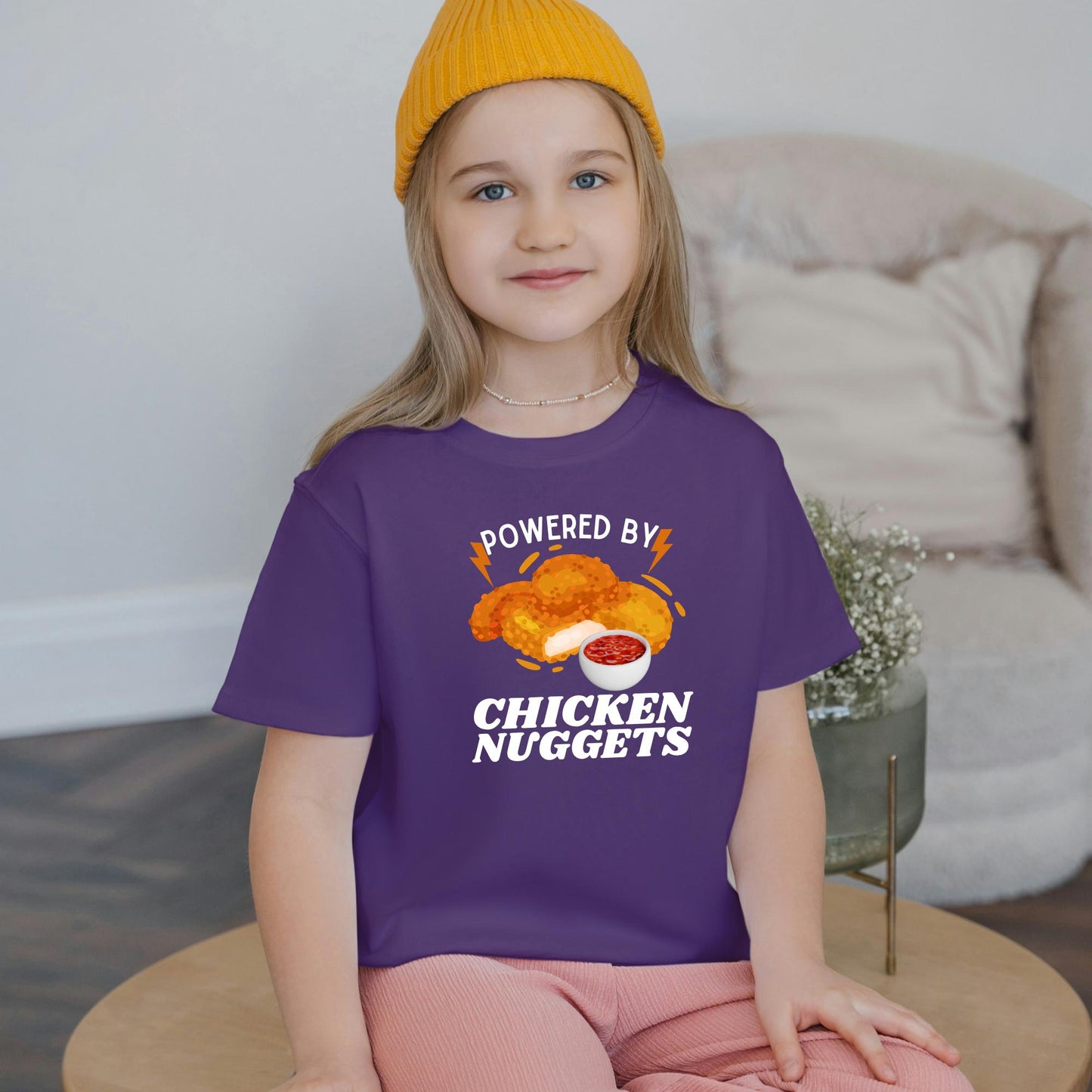 Powered by Chicken Nuggets T-Shirt – Funny Food Graphic Tee for Kids – Fast Food Lover Shirt – Snack Joke Toddler Tee