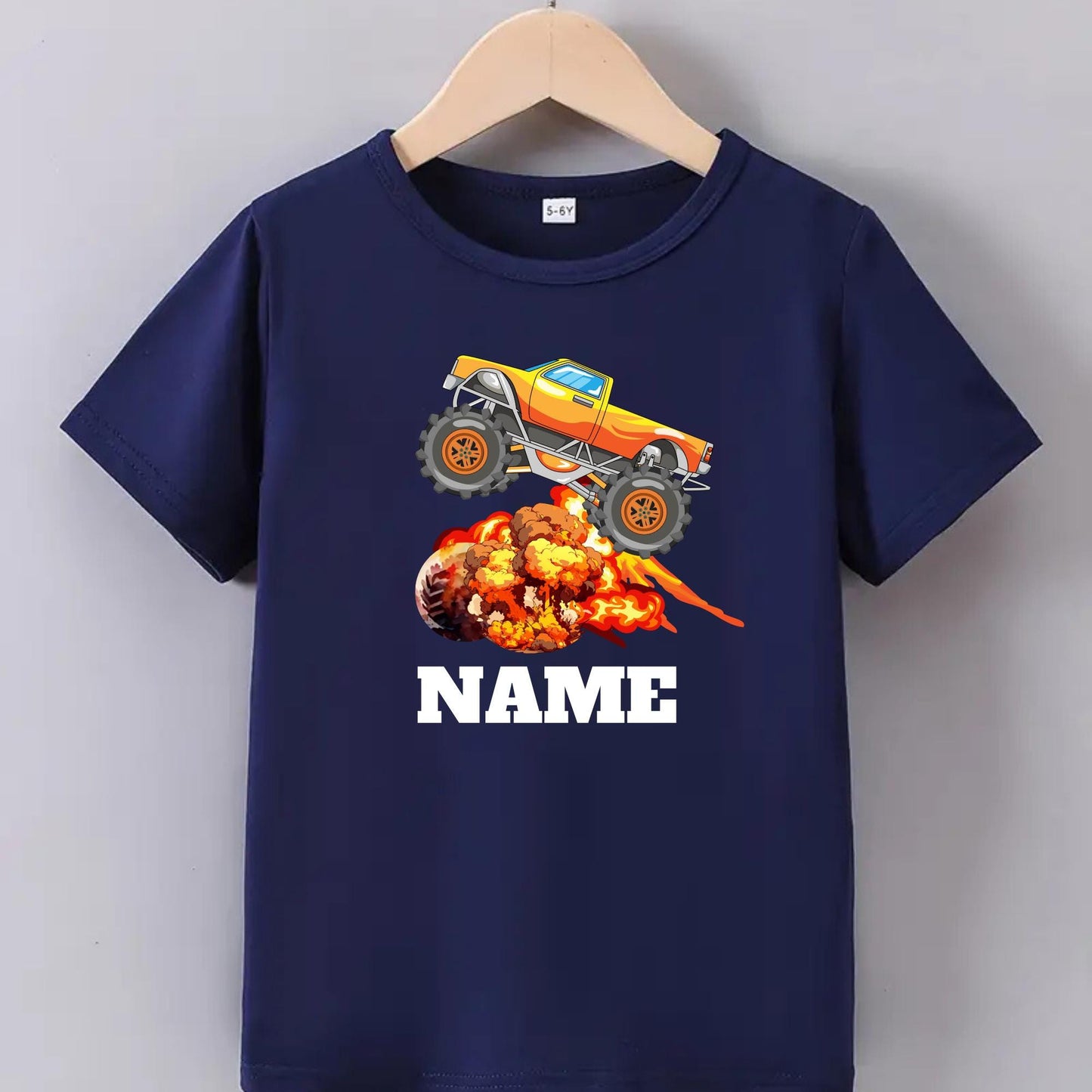 Custom Monster Truck Explosion T-Shirt for Kids – Personalized Name Tee with Fire & Blast Graphic – Cool Birthday Outfit for kids