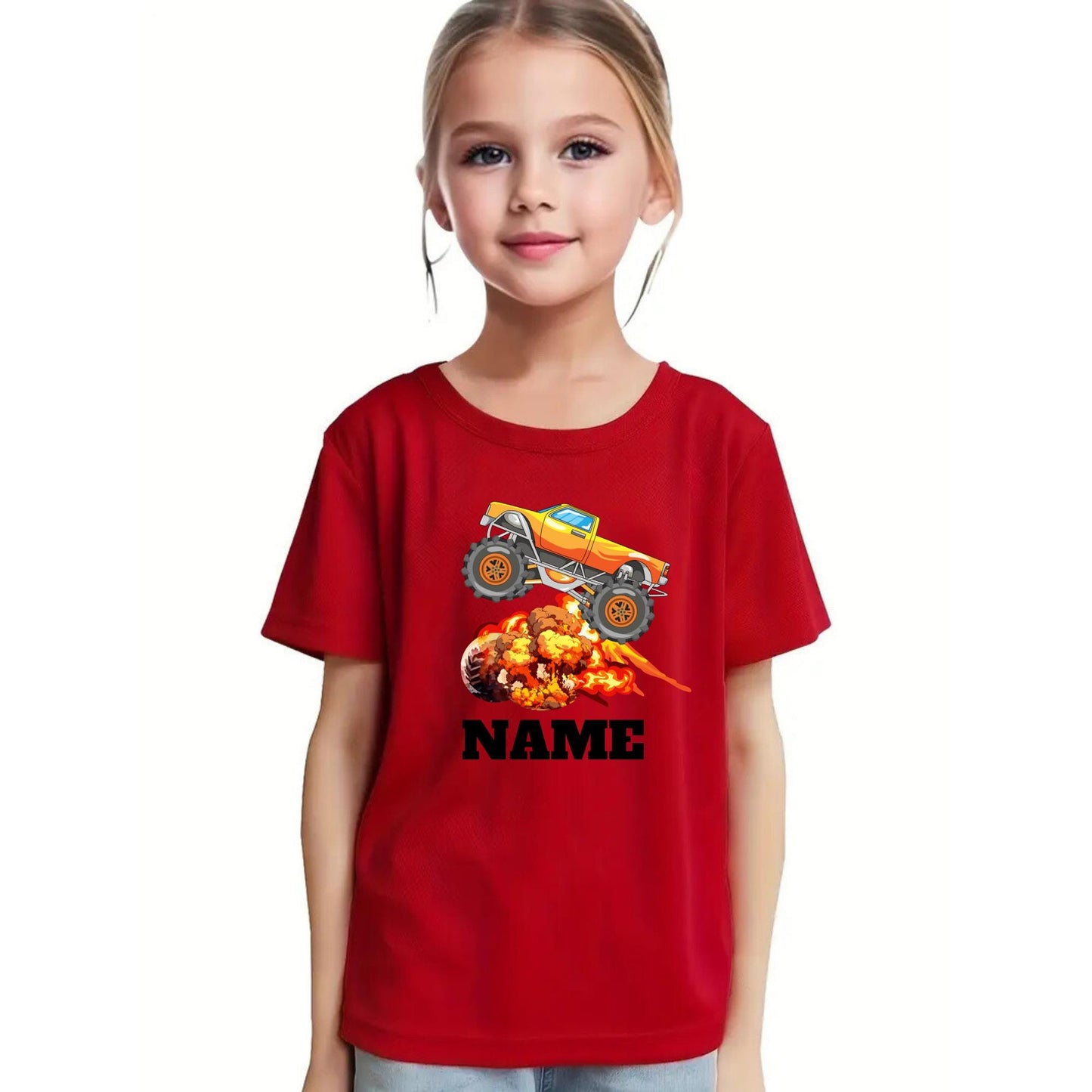 Custom Monster Truck Explosion T-Shirt for Kids – Personalized Name Tee with Fire & Blast Graphic – Cool Birthday Outfit for kids