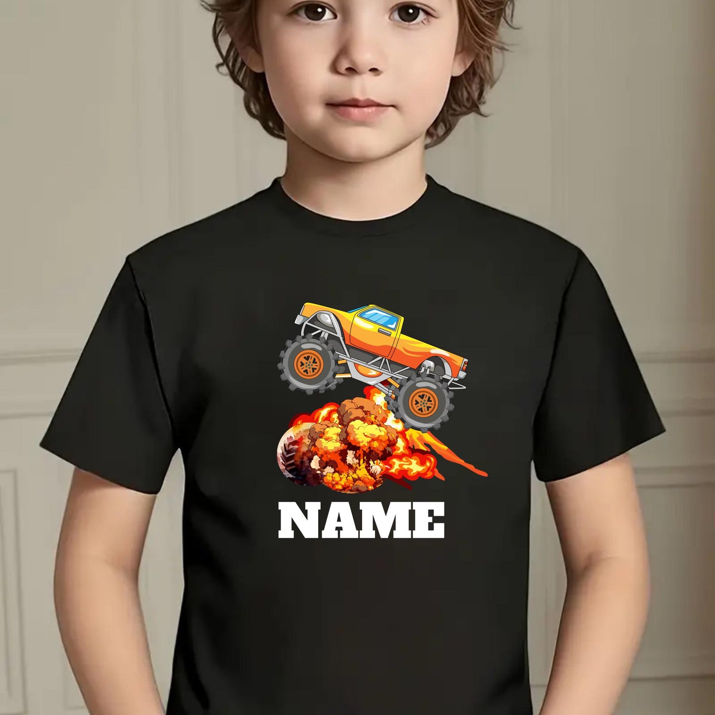 Custom Monster Truck Explosion T-Shirt for Kids – Personalized Name Tee with Fire & Blast Graphic – Cool Birthday Outfit for kids